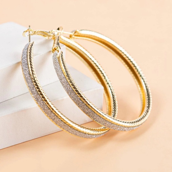 Yellow Gold Tone Large Hoop Earrings Fashion Jewelry Encrusted Faux Stone - Picture 2 of 4